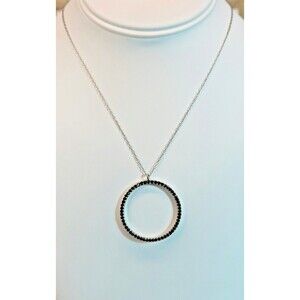 New York & Co Black Crystal Rhinestone & Silver Tone Circle Pendant Necklace 18"